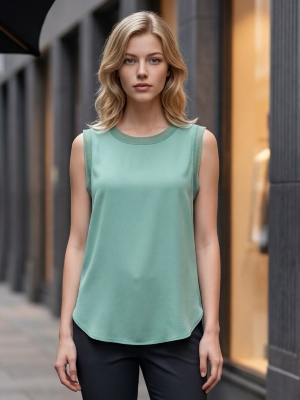 EUC Boss Hugo Boss SZ 8 Green silk tank top w/sheer ribbed trim/bust 41”-46”